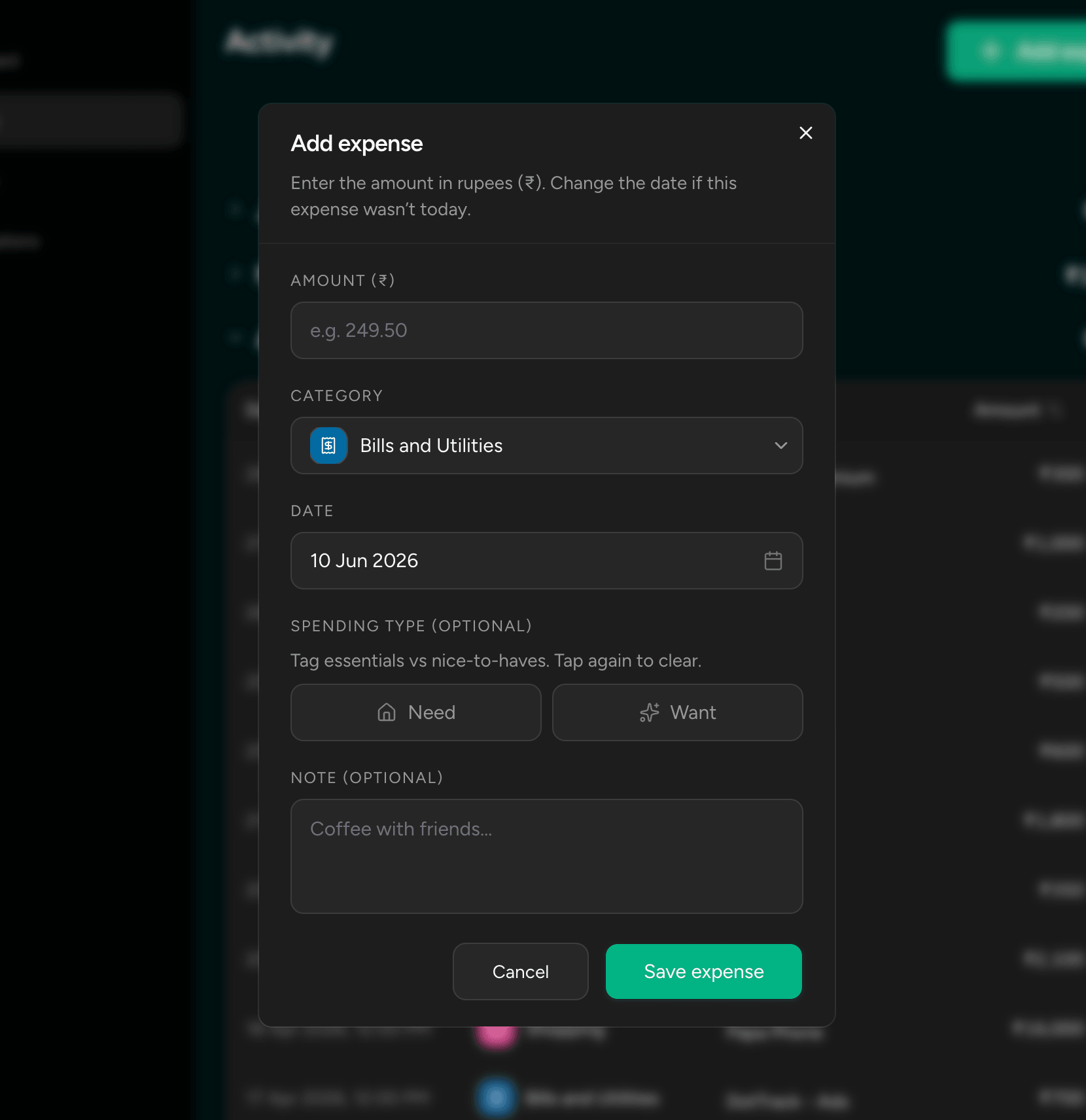 Rupee Track add-expense dialog with amount, category, and need-or-want toggle